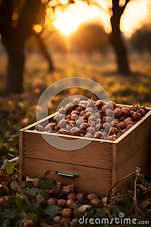 Hazelnuts harvested in a wooden box in a plantation with sunset. Stock Photo