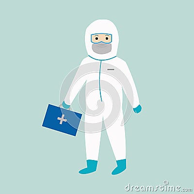 Doctor Wearing Hazmat Suit. Protect from Corona Virus Covid-19 Vector Illustration