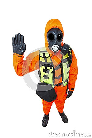 Hazmat suit stop hand signal coronavirus corona virus corvid 19 Stock Photo