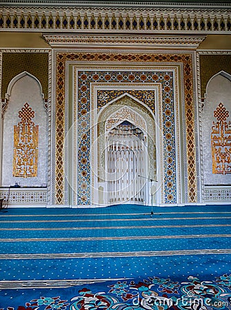 Hazrati Imam Mosque interior dome, mihrab, qibla and minbar, Tashkent Editorial Stock Photo