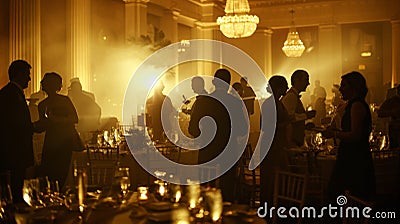 Hazy dreamlike silhouettes of guests mingling and laughter filling the air conveying the warm atmosphere of a feast Stock Photo