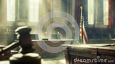 In a hazy and faded setting a judges bench stands tall in the center of the frame flanked by an outoffocus witness stand Stock Photo