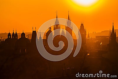 Hazy morning cityscape, orange and yellow sunrise Stock Photo