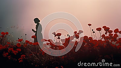 Hazy Silhouette Of A Single Poppy In A Field Of Red Stock Photo