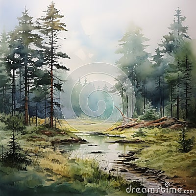 Hazy Watercolor Painting Of Forest Stream And Pine Trees Cartoon Illustration