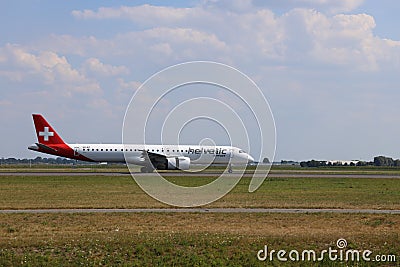 HB-AZI Helvetic Airways Embraer E195-E2 landing on the Polderbaan of Amsterdam Schiphol Airport Editorial Stock Photo