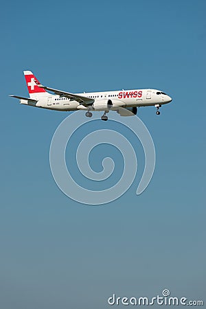 HB-JCC Swiss Bombardier CS-300 jet in Zurich in Switzerland Editorial Stock Photo