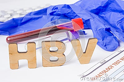 HBV Medical acronym or abbreviation of hepatitis B virus in laboratory test diagnostics and physical diagnosis. Word HBV is near b Stock Photo