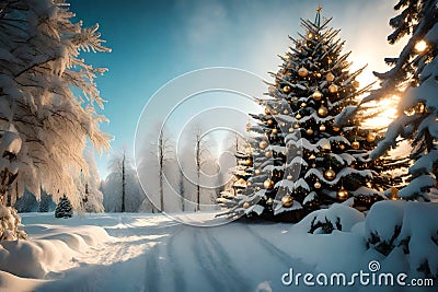 winter scene with a beautifully decorated Christmas tree Stock Photo