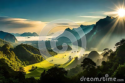 An HD panorama of Maehongson, Thailand, showcasing its breathtaking layers of mountain forest landscape against the backdrop of a Stock Photo