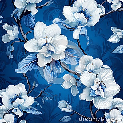 Hd Seamless Wallpaper With Orchid And Sakura Pattern Embellished With Blue Stock Photo