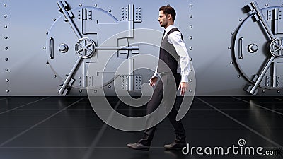A young businessman goes by the safe in the Bank. 3D rendering Stock Photo