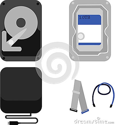 HDD. Internal and external hard drive. Cables and wires. Electronic memory. Storage. Detail for a computer Stock Photo