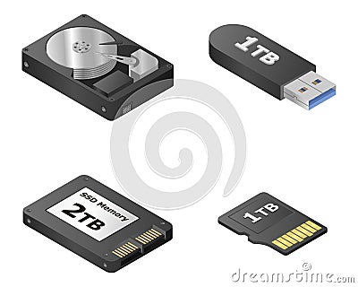 HDD set. Black isometric new square solid state drives. Vector Illustration