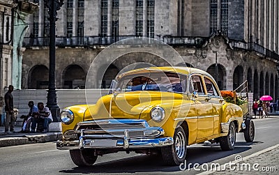 HDR - Beautiful american yellow vintage car drived in Havana Cuba - Serie Cuba Reportage Editorial Stock Photo