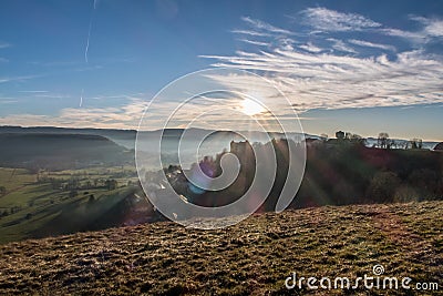 Winter sunset in east France castle countryside, Belvoir Stock Photo