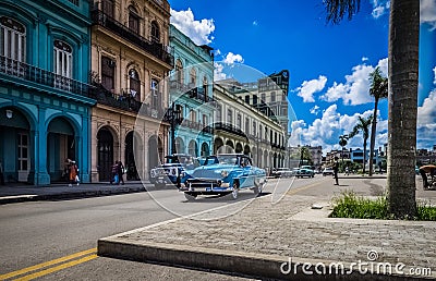 HDR - Street life scene in Havana Cuba with blue american vintage cars - Serie Cuba Reportage Editorial Stock Photo