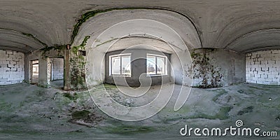 360 hdri panorama in abandoned interior of large empty room as warehouse or hangar with windows with dampness and black-green mold Stock Photo