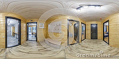 360 hdri panorama inside interior of entrance hall and corridor in wooden vacation eco homestead in full seamless equirectangular Stock Photo