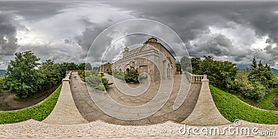 360 hdri panorama near yellow brick orthodox georgian church high in mountains in cloudy day in equirectangular spherical Stock Photo