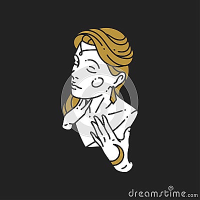 Head antique goddess lady blonde hair with jewelry decor wearing half moon hands tattoo Vector Illustration