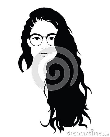 The head of a beautiful girl with glasses. Face of a young woman with a female hairdo. Vector Illustration