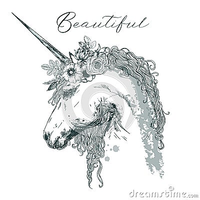 Beautiful unicorn with floral wreath Vector Illustration