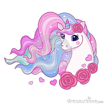 The head of a beautiful unicorn with a long mane. Vector Vector Illustration