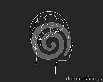 Head with brain continuous one line drawing, Asian non-binary face in profile Mental health concept, Vector graphics Vector Illustration