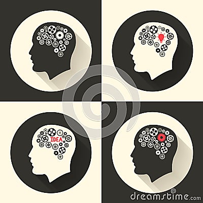 Head with brain and idea lamp bulb pictograph. Male human think symbols. Vector illustration. Vector Illustration