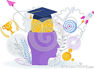 Head with brain and university graduate cap. Graduation gown. Vector Illustration