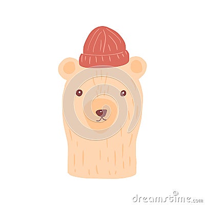 Head brown bear on white background. Cute character man in red beanie Vector Illustration