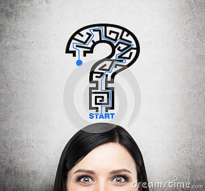 A head of brunette lady who is thinking about problem solving. A question mark as a maze. Stock Photo