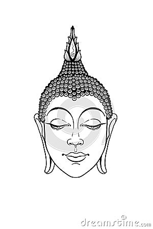 Head buddha vector. Buddha face isolated on white. Esoteric vintage vector illustration. Indian, Buddhism, spiritual art. Vector Illustration