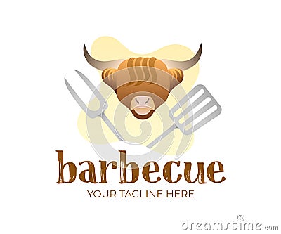 Head bull, spatula and fork, BBQ grill tool set, logo design and illustration. Barbecue, grilled, food and restaurant, vecto Vector Illustration