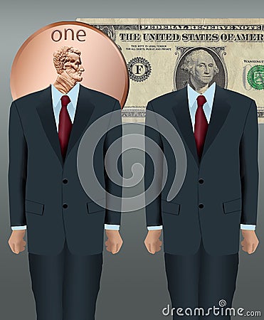 A head for business is seen with Lincoln and Washington heads from money on the body of businessmen Cartoon Illustration