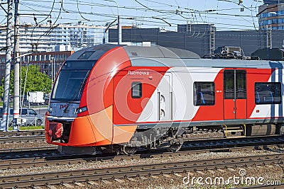 The head car of a modern electric train ES2G-007 `Lastochka` Editorial Stock Photo