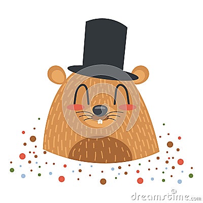 Head of cartoon cute groundhog in a hat Vector Illustration