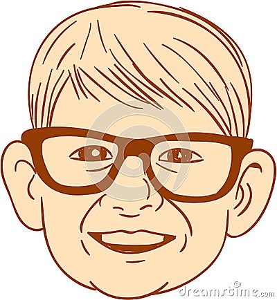 Head Caucasian Boy Smiling Big Glasses Drawing Vector Illustration