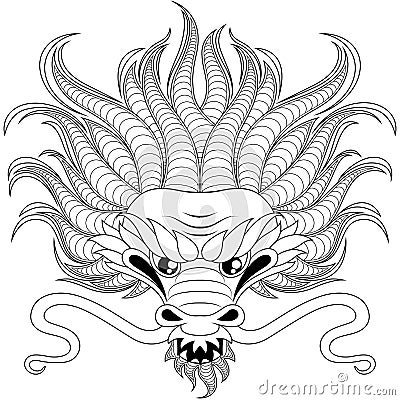 Head of chinese dragon in zentangle style for tatoo. Adult antistress coloring page. Black and white hand drawn doodle for colorin Vector Illustration