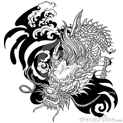 Head of Chinese or East Asian dragon. Black and white Vector Illustration