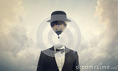 Head in the Clouds - Businessman with Hot Air Balloon for a Head Stock Photo