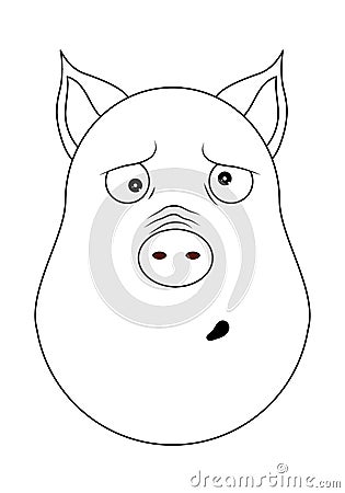 Head of clueless pig in outline style. Kawaii animal. Vector Illustration