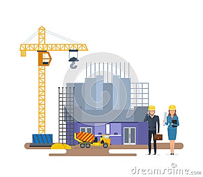 Head of company, chief engineer, inspect of cinema under construction. Vector Illustration