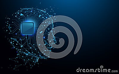 Head and computer chip form lines, triangles and particle style design. Vector Illustration