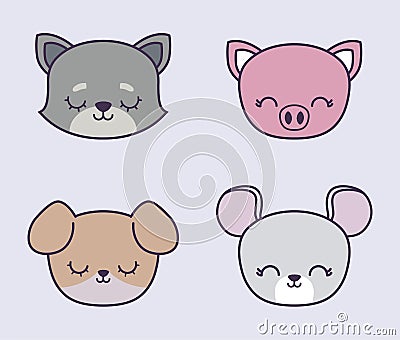 head of cute piggy with group animals Cartoon Illustration