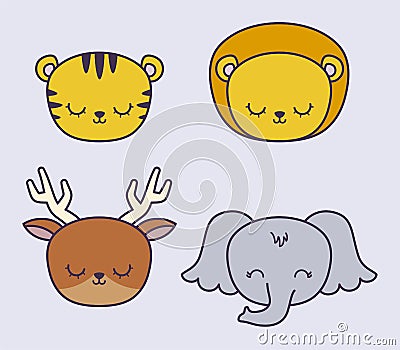 head of cute tiger with group animals Cartoon Illustration