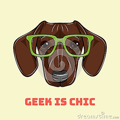 Head Dachshund dog in a geek glasses. Vector Vector Illustration