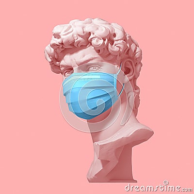 Head Of David In Medical Mask On Pink Background. Concept Of Coronavirus Quarantine. Stock Photo