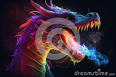 Head of a dragon breathing fire over black background - AI Generated Stock Photo